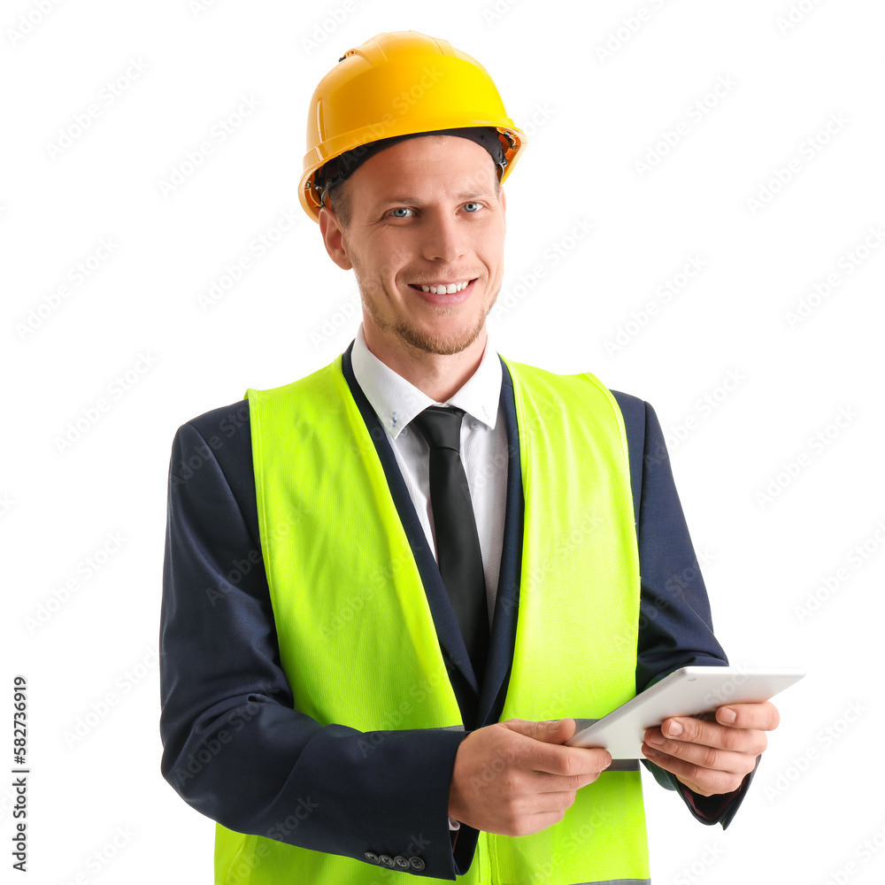 Male engineer with tablet computer on white background