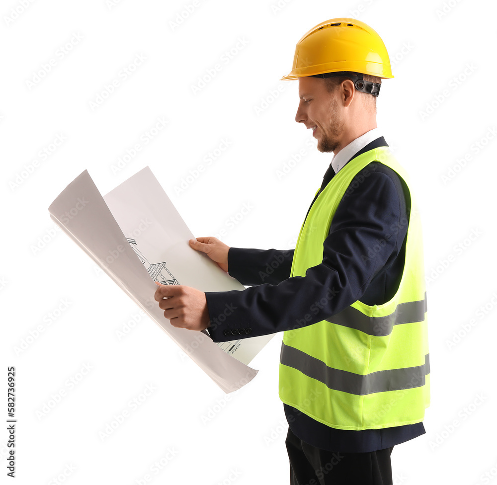 Male architect with drawing on white background