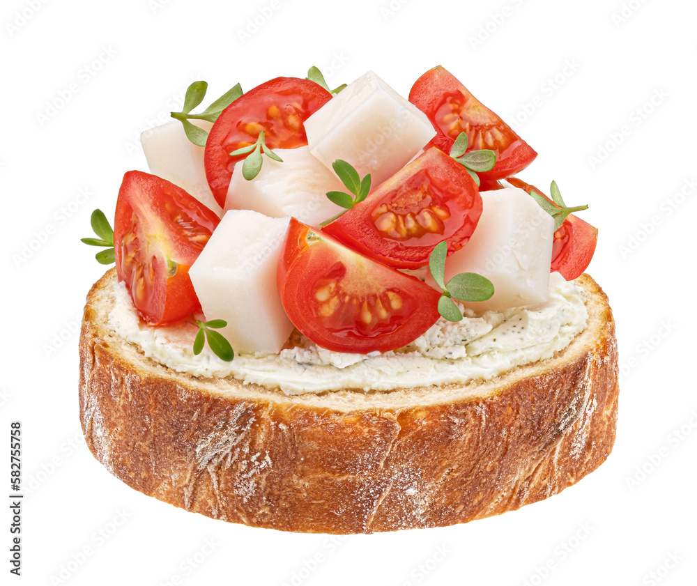 Bruschetta with tomatoes and mozzarella isolated on white background