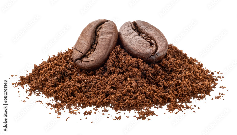 Pile of ground coffee and coffee beans isolated on white background