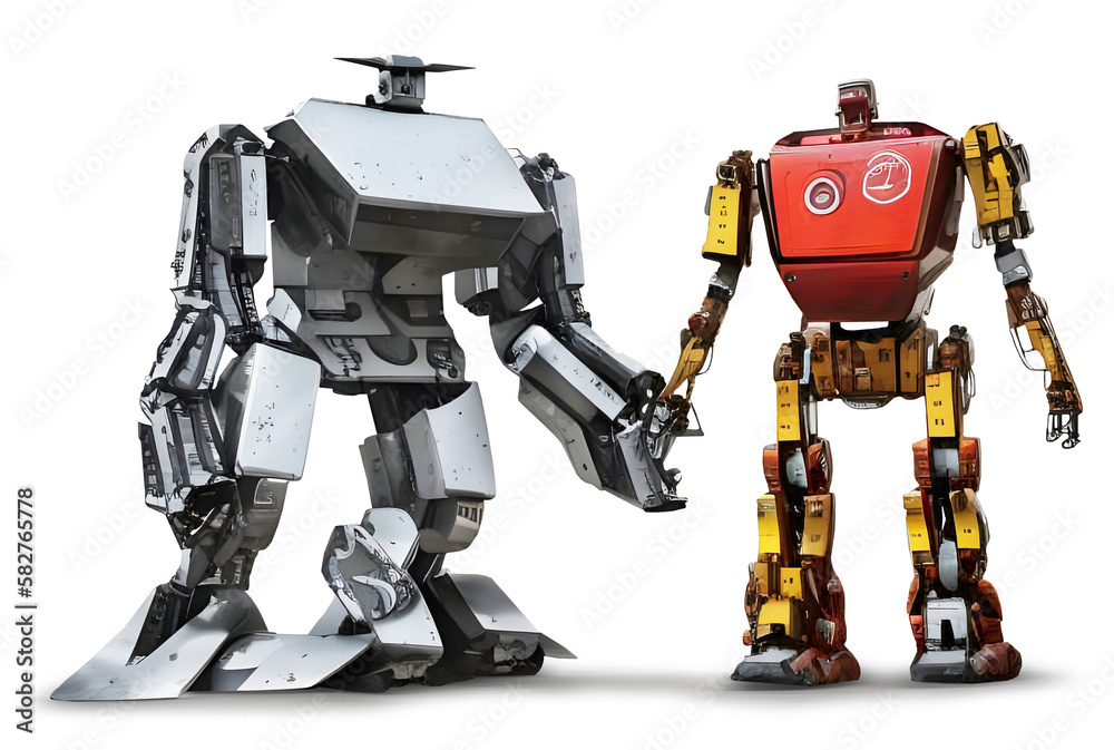 Two robots made of recycled materials, holding hands, isolated. AI generated image.