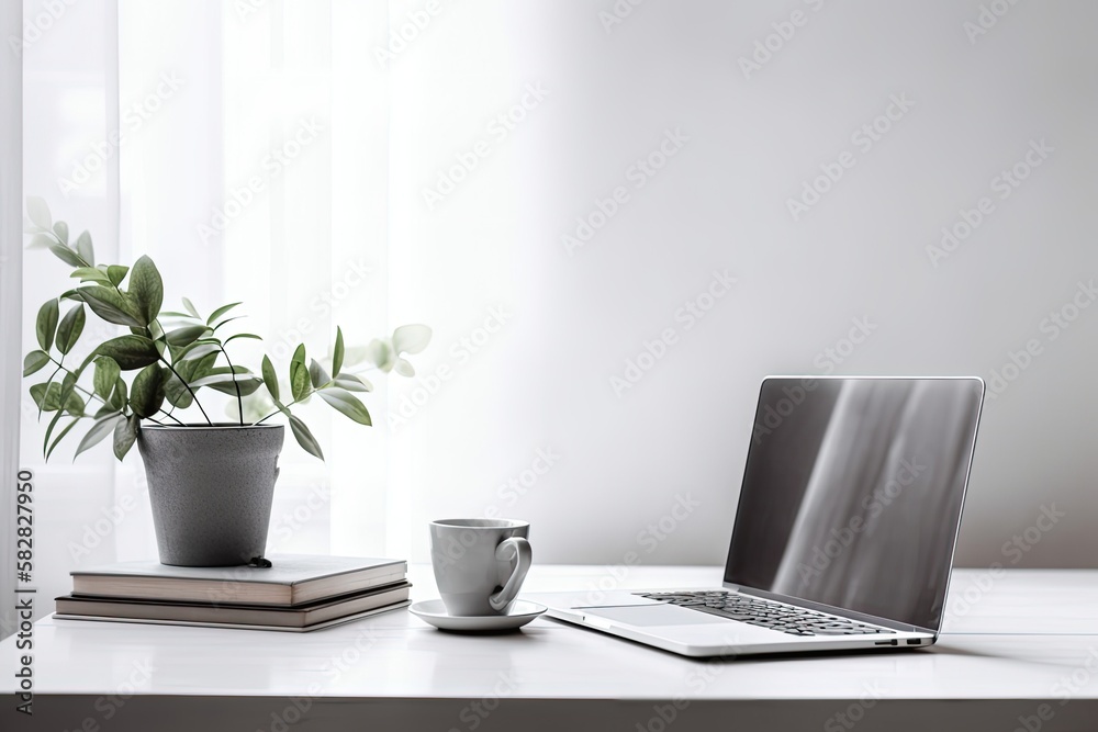 working with a laptop, Copy space with a background of hot coffee and a plant, company concept. Blan