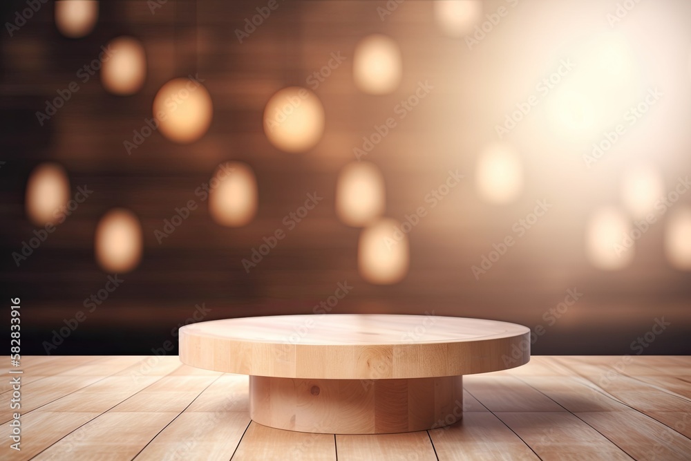 Background of a wooden table with a pedestal that is empty for your decorations and a blurred inside