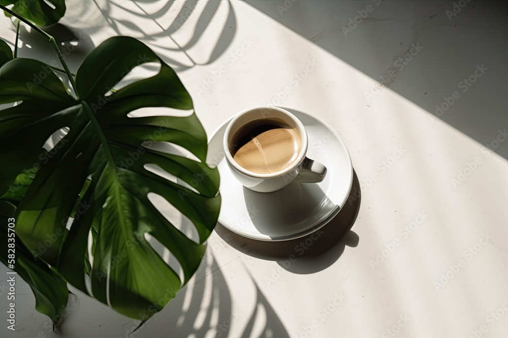 Coffee composition with a flat lay, top view, and a light grey background with a shadow of a palm le