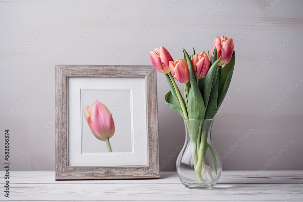 A close up of a tulip flower in a glass vase with a picture frame on a white wooden table and a clea