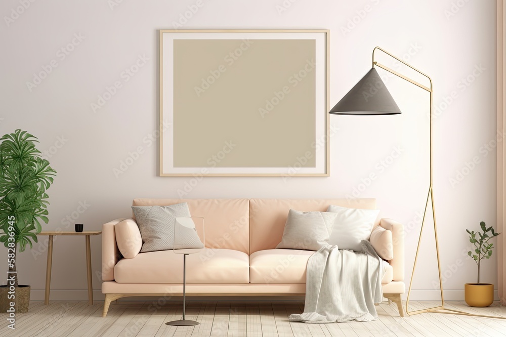 Living room interior with pastel sofa, lamp, and plant in vase on beige wall background. Poster mock