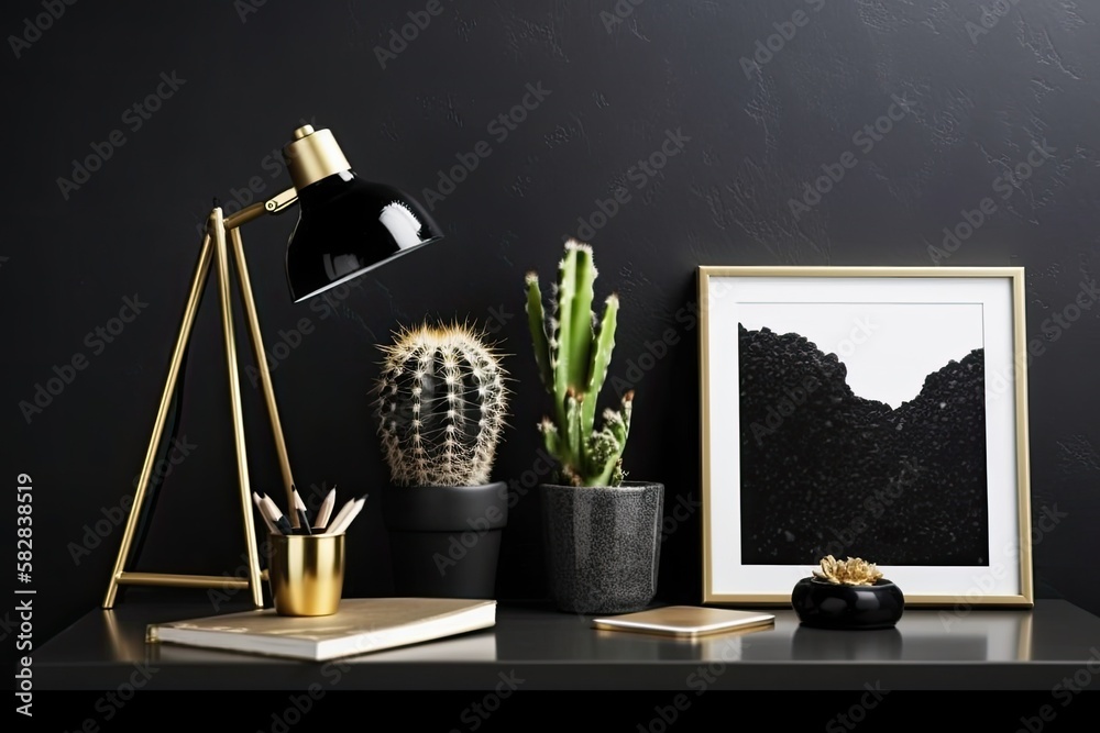 Cactus and mock up of a black photo frame. Generative AI