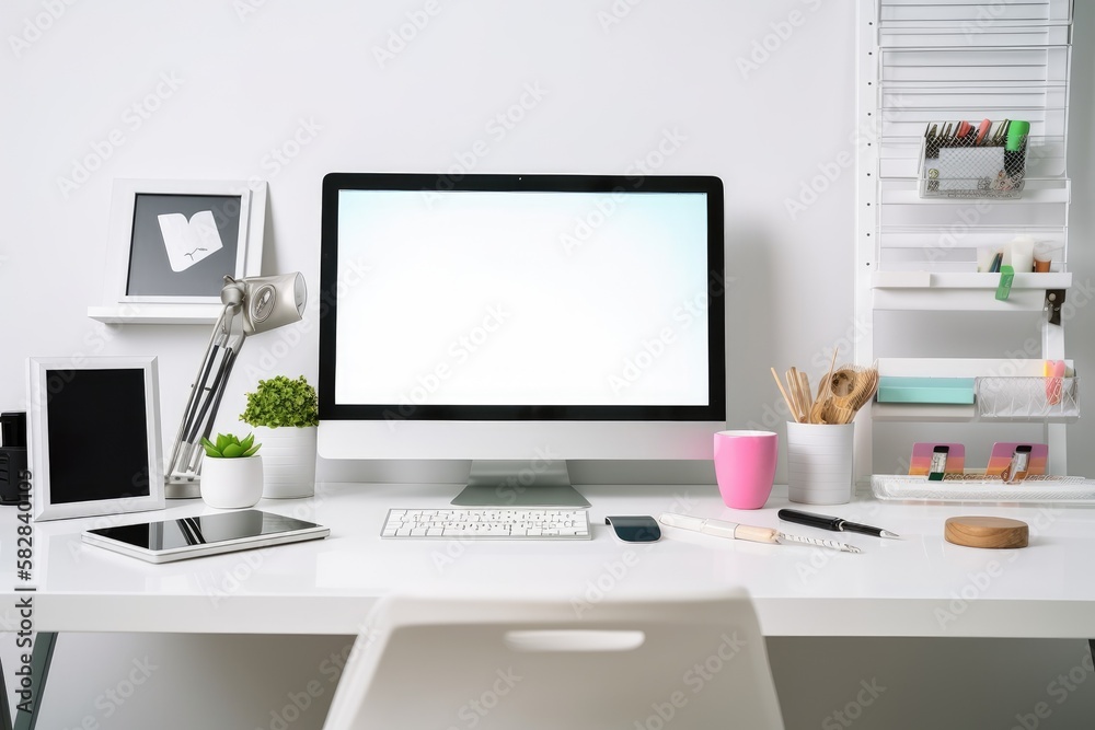 A close up of an artists workstation featuring a computer with a blank screen, office supplies, and