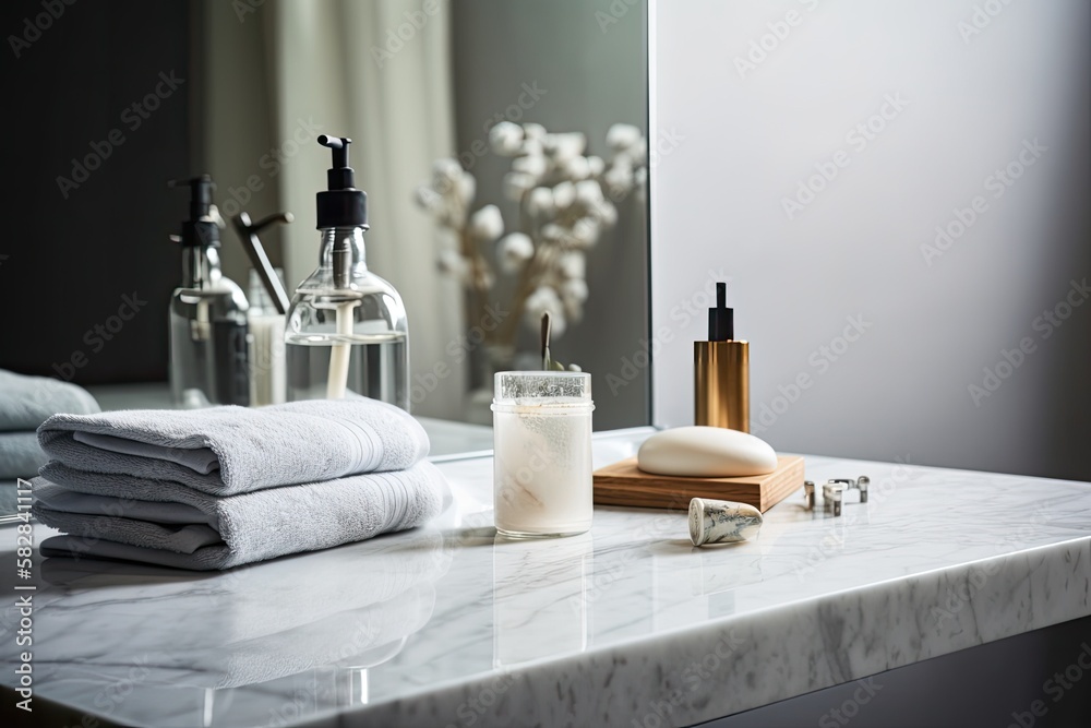 Over a simple and clean bathroom background, a marble table top with a towel, toothbrush, and other 