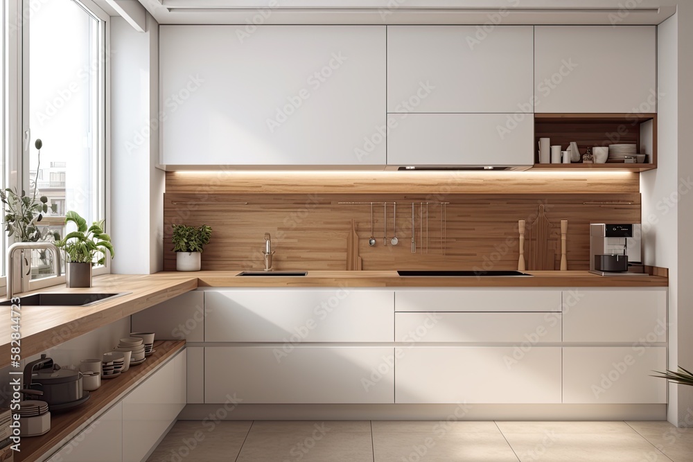 Interior of a contemporary kitchen with white walls, wooden counters, and an integrated sink and sto