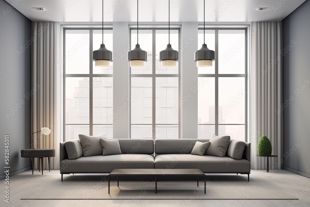 In a room with a large window and five ceiling lamps, there is a long gray sofa. Generative AI