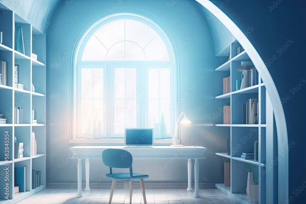 Interior of bright office with table desk, laptop, light, and arch bookcase in wall with décor and b