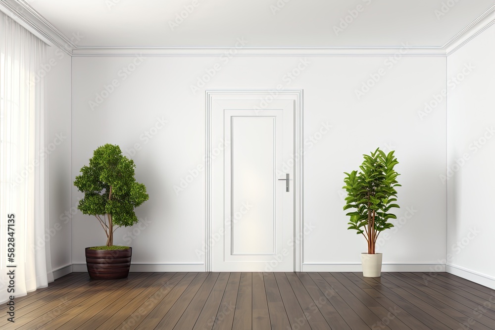 White walls, a dark wooden floor, a cabinet, a plant in a pot, and an open double door can be seen i