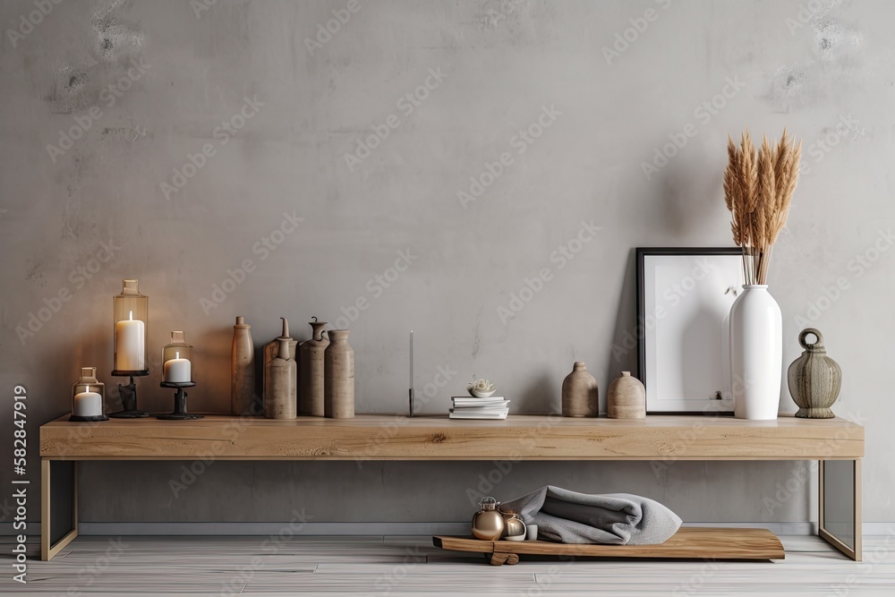 A wooden tabletop or shelf with fragrant stick and bottle adornments is placed above a living rooms