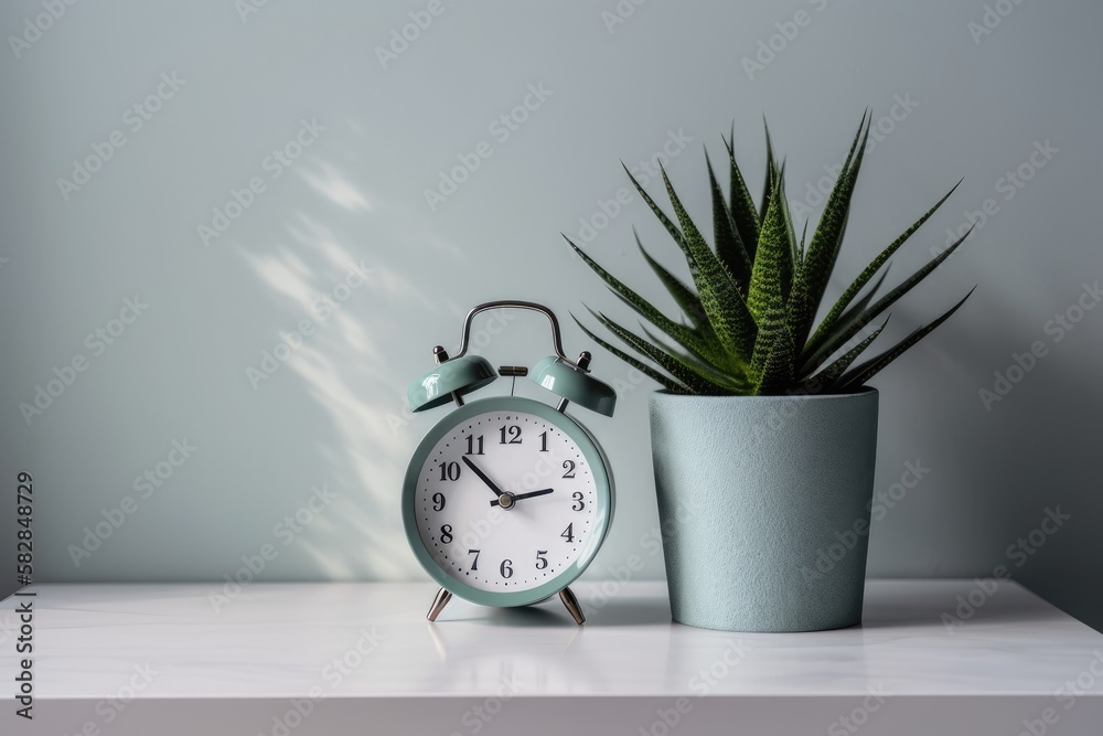 On a green table, against a white wall, are a grey alarm clock and a pretty plant. Blank space. Gene