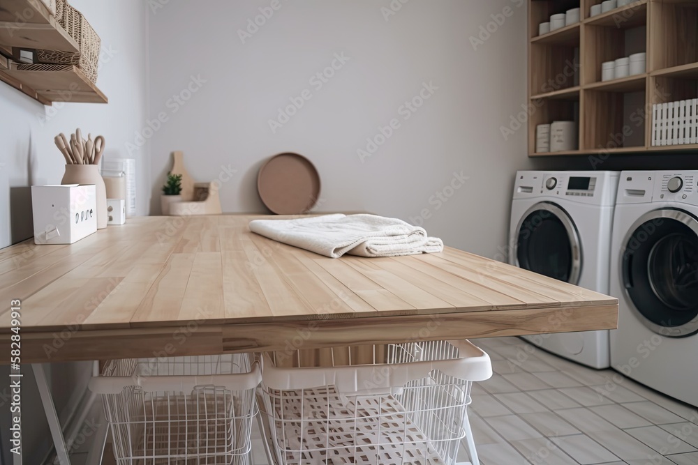 Wooden table in the laundry room is empty. Design mockup Image. Generative AI