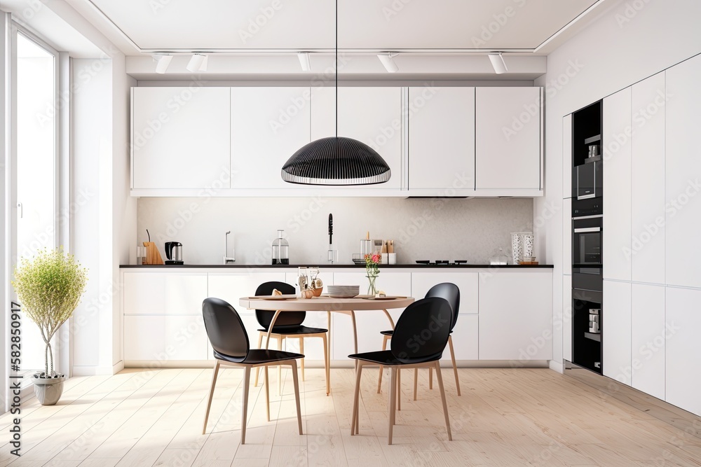 Interior of white kitchen and dining area with wooden floor, circular table, and black chairs. a moc