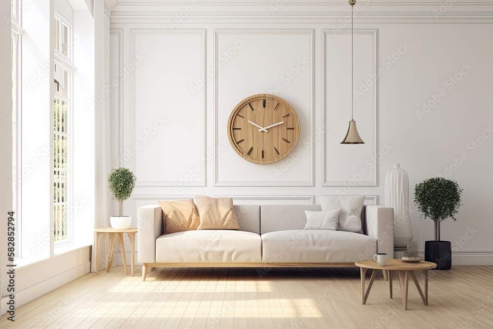 Interior room with sofa, light, cushion, clock, and garden view. Vase of plant. Parquet floor. Gener