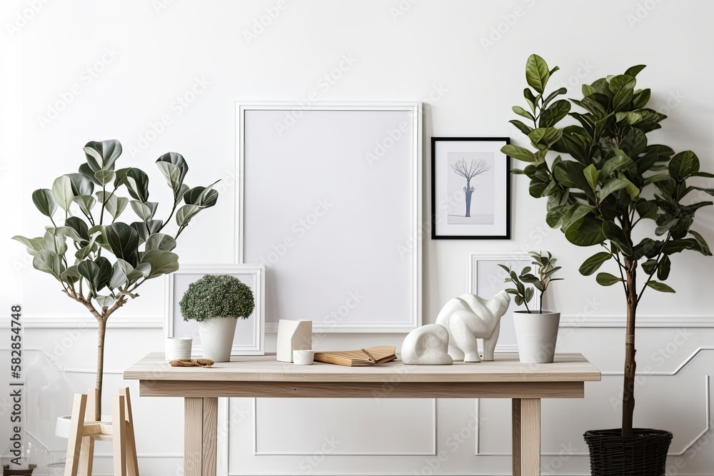 On a wooden table, there are mockups of white empty photo frames and ficus lyrata in ceramic pots. w