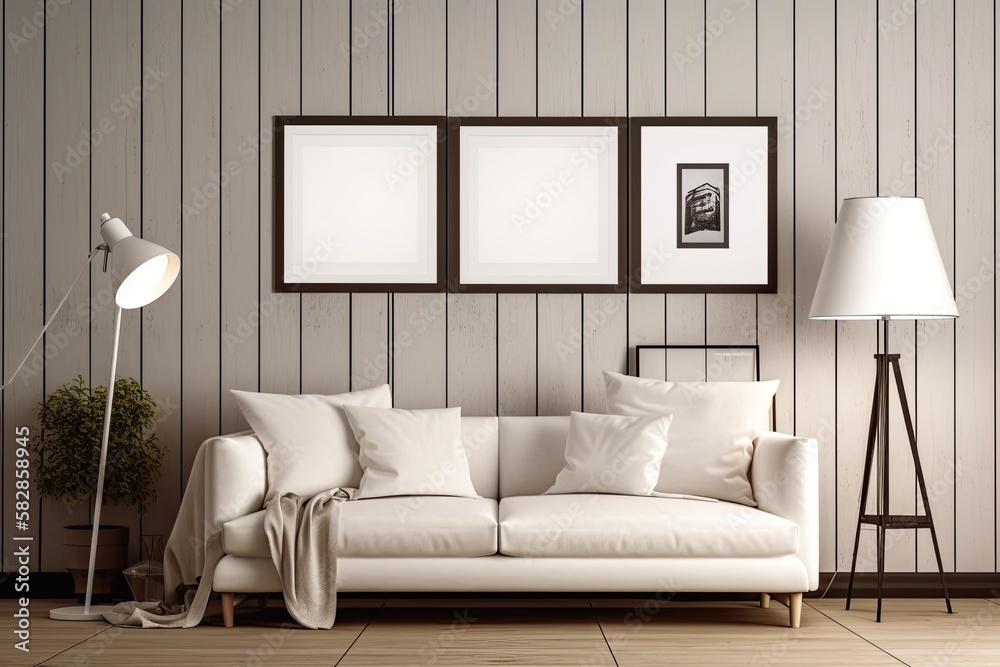 White photo frame hanging next to sofa with wooden wall and floor in background. design of the livin