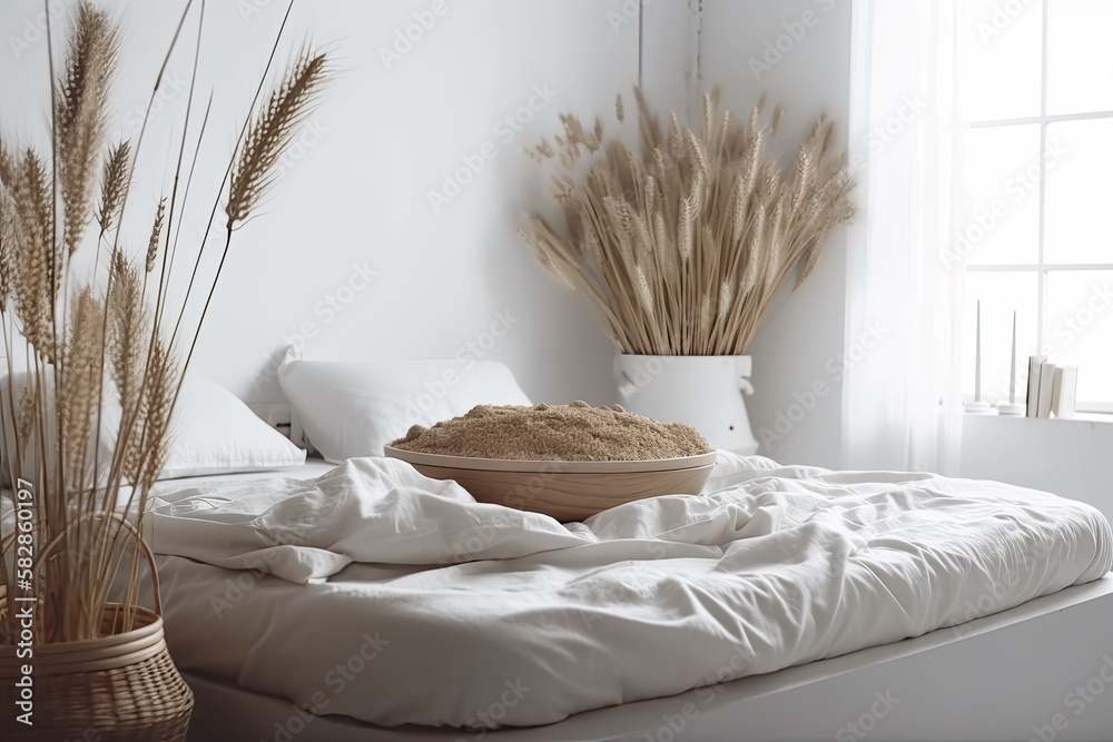 White twin bed atop potted straws with pebbles, dried plants, ornament, ears, sheaf, branch in vase,