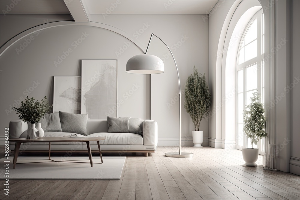 White arch wall with no furniture, a sofa, and a sideboard on a wooden floor. an interior living roo