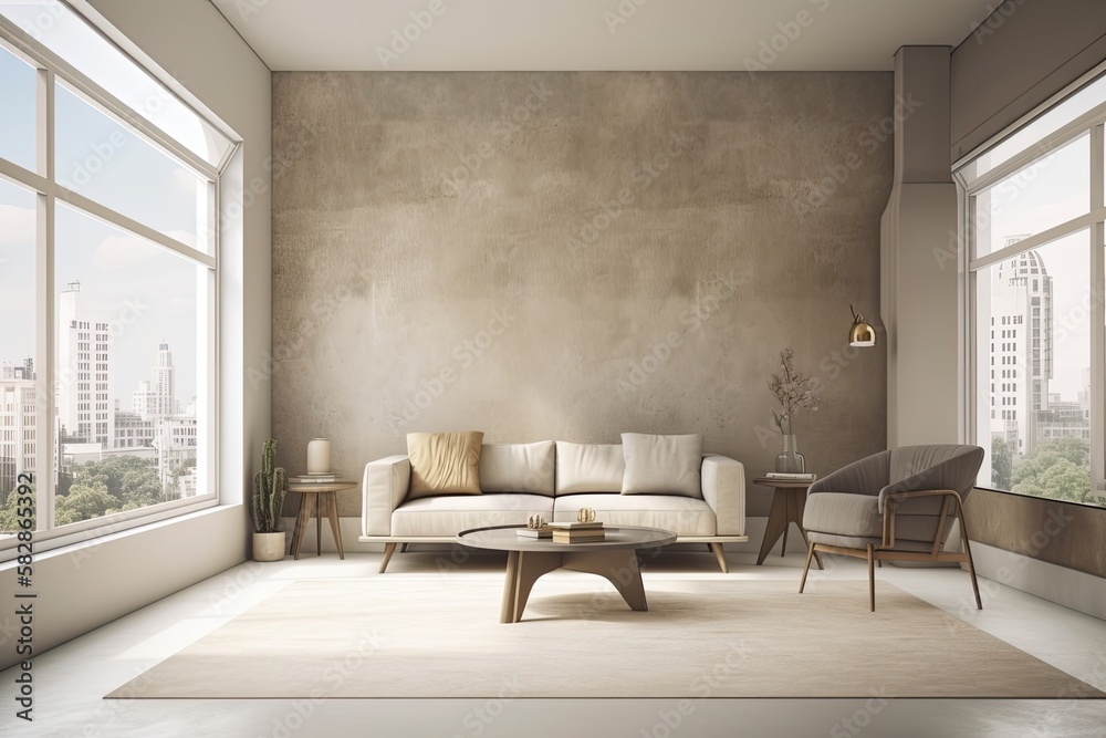 Interior of a beige living room showing a sofa and armchair from the side and a light concrete floor