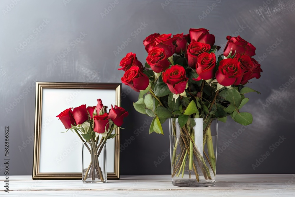 A tabletop display of red roses in a glass vase and an empty picture frame. Generative AI