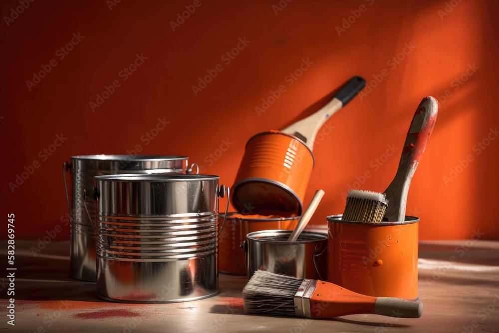 Metal buckets or cans with rollers and brushes for painting walls against an orange backdrop. An exa