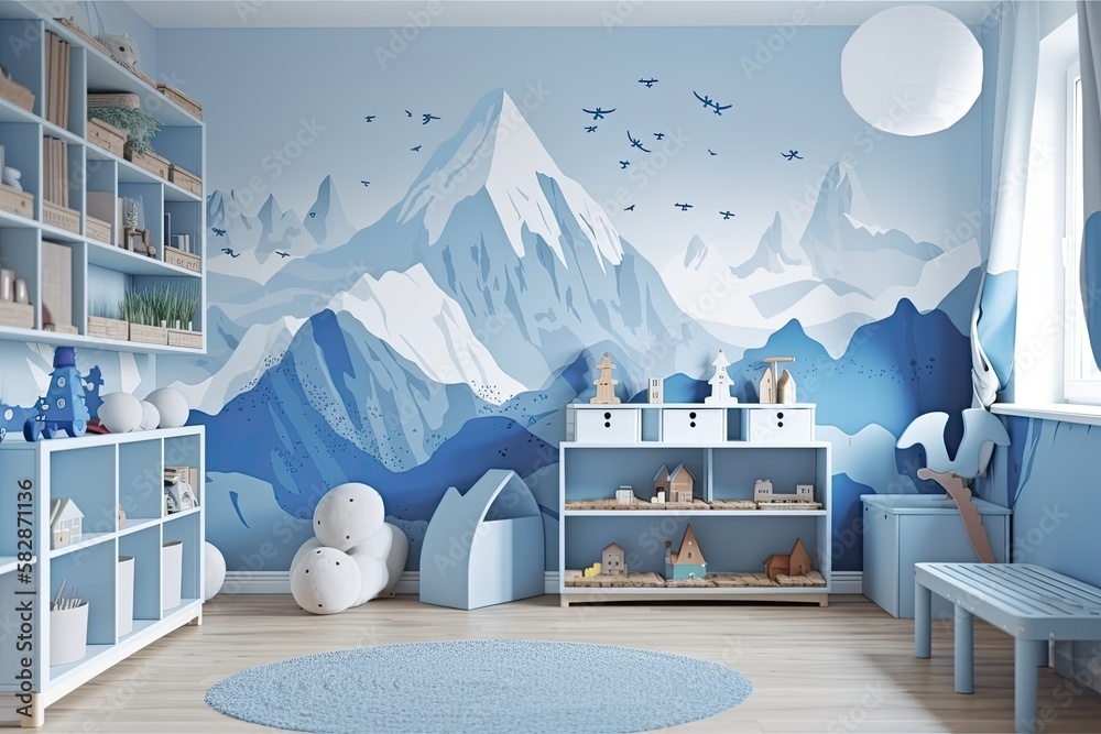 Blue colored interior of a boys bedroom. A wide wall with painted mountains, a white table, and a b