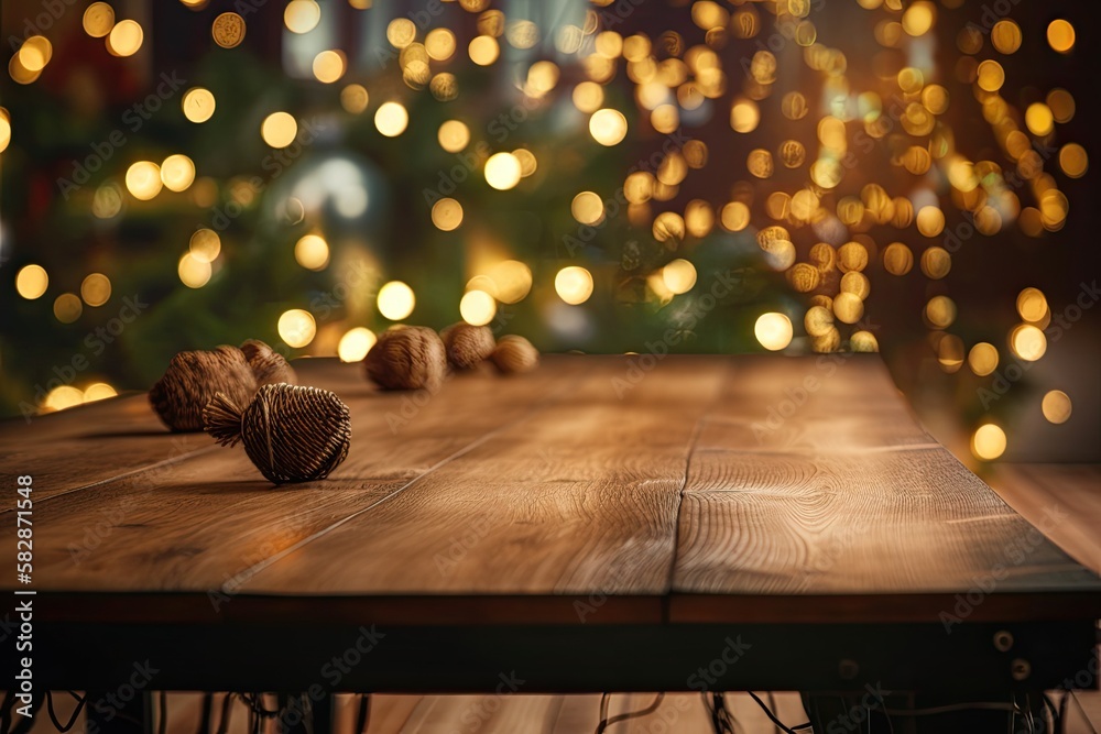 a wooden table is empty against a fuzzy festive background. Generative AI