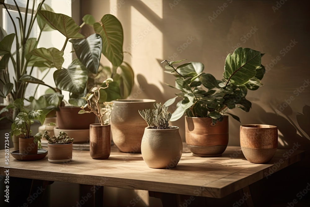 On the desk, there are indoor plants in a brown pot against a hazy background. Generative AI