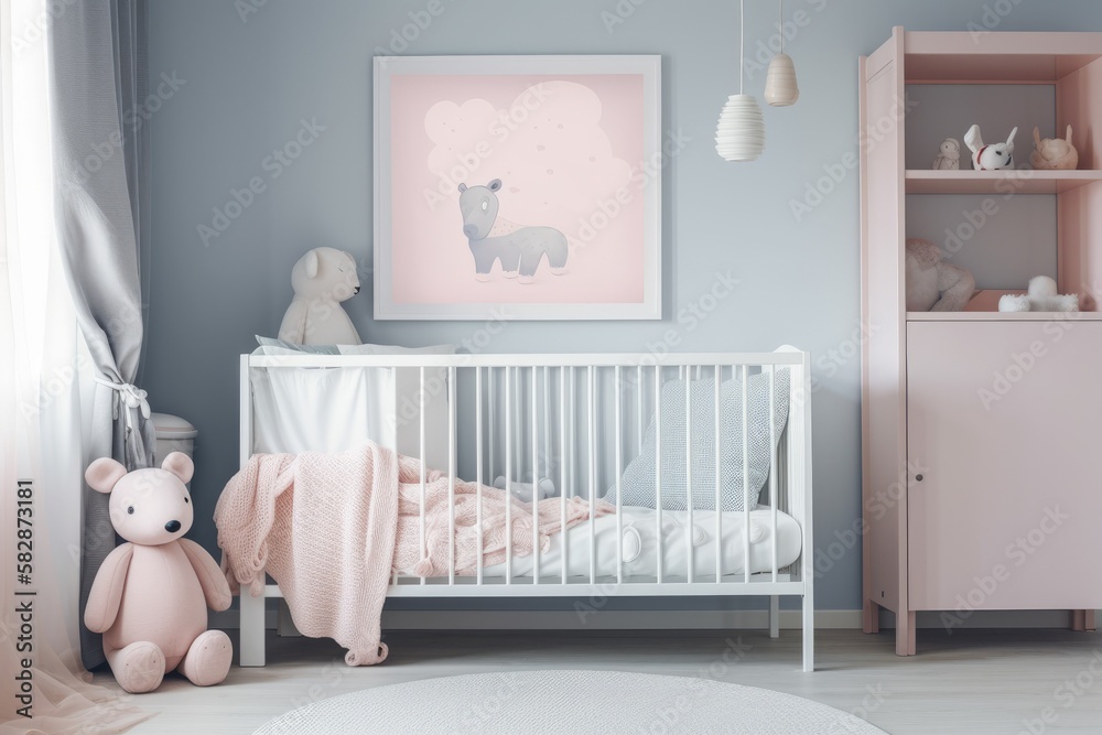 Interior of a babys nursery with plush toy next to an empty poster and mockup. Actual image. Poster