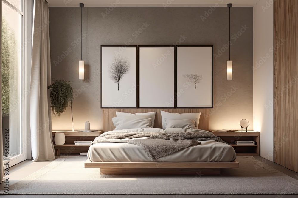 A modern homes master bedrooms corner. Large double bed, window, and two floor lamps are all prese