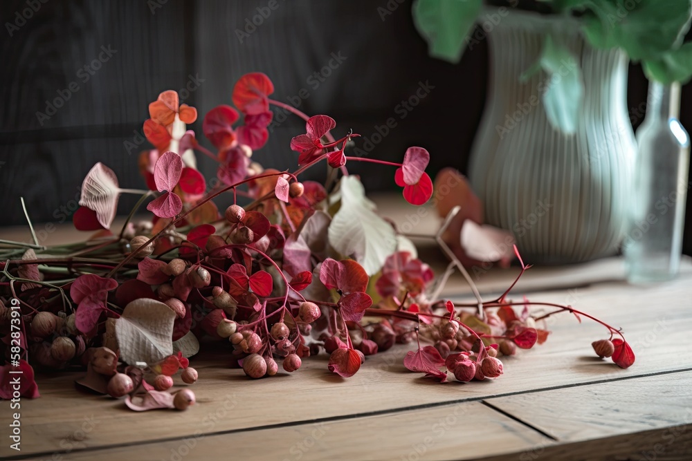 On a wooden table, a bouquet of lunaria with red berries is displayed. Generative AI