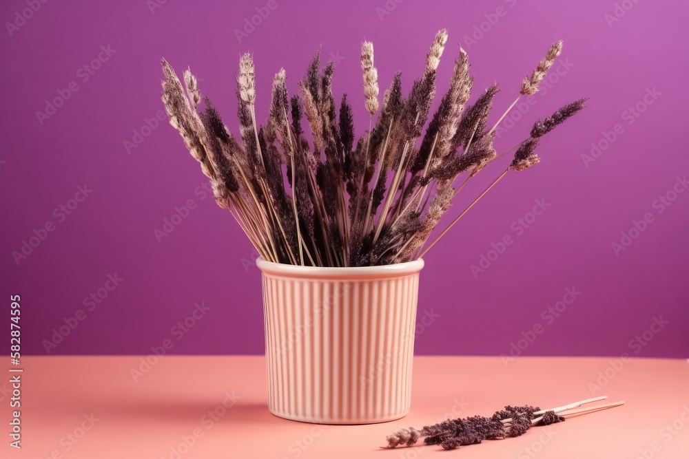 Potted straws on a purple background with copy space, dried plants, ornament, ears, sheaf, and branc