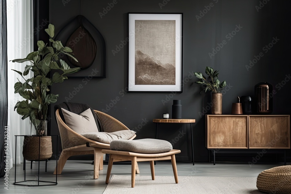 Elegant living room interior design with a small wooden stool, a mock up poster frame, and imaginati