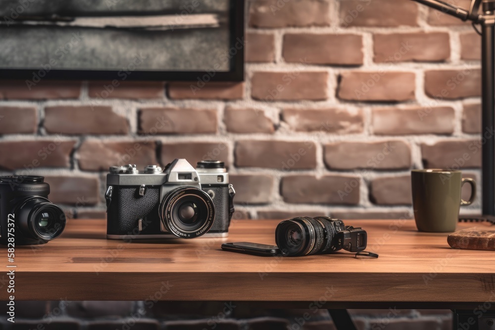 Cropped image shows a cozy office setting with a camera and office supplies against a wooden table a