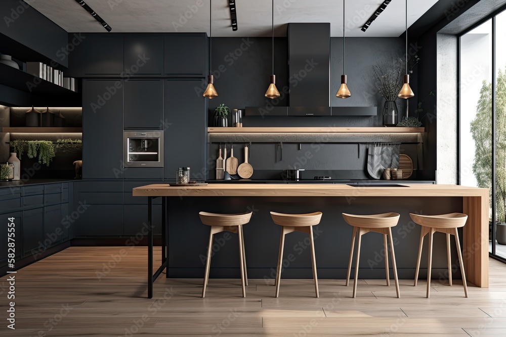 Mock up of a dark gray kitchen interior with two burners, a window, a gray bar, and two stools. Gene