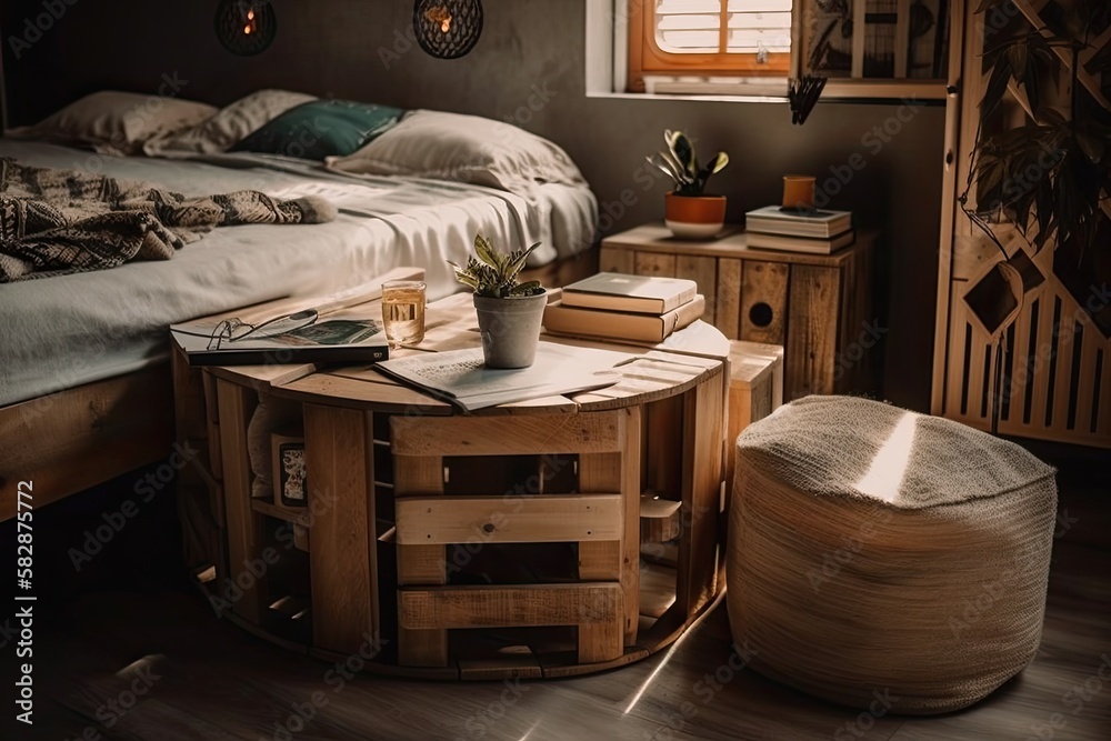 Recycling bedroom table made from a wooden cable spool. Generative AI