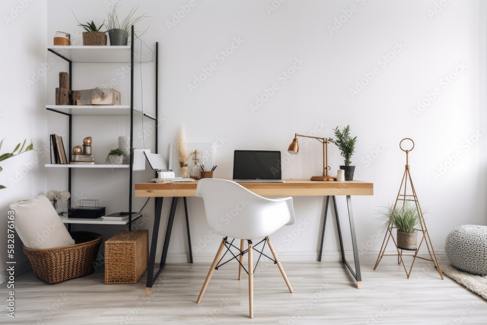 Home office with a desk and concrete office items, a pot, a laptop, and a copy area against a white 