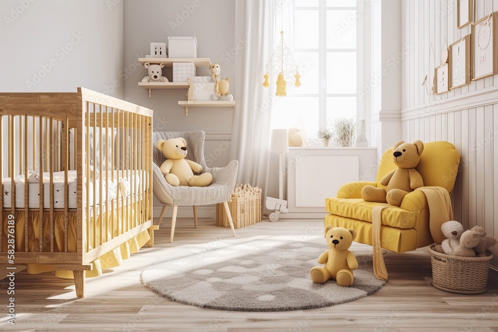 Large infant nursery with teddy bear, rug, and yellow blanket on white wooden rocking chair. Generat