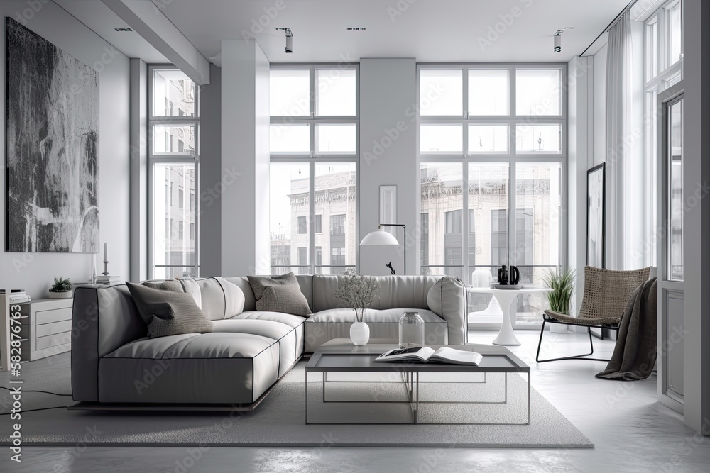 Modern open plan apartment with white and gray walls, gray fashionable upholstered furniture, and la