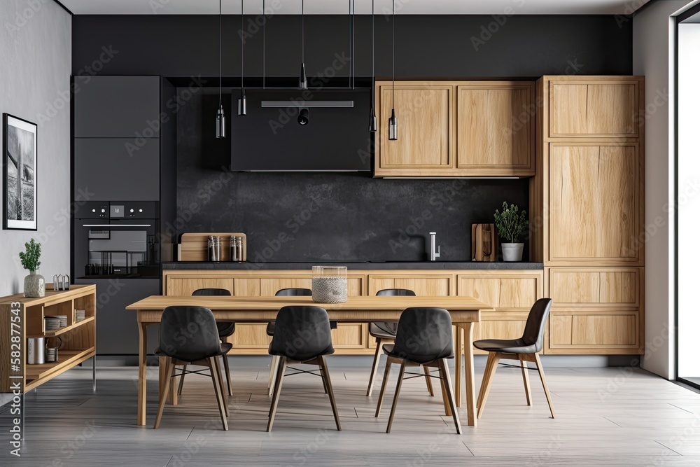 Empty frame in a modern, dark gray kitchen with a dining table, a wood cabinet, a concrete floor, an