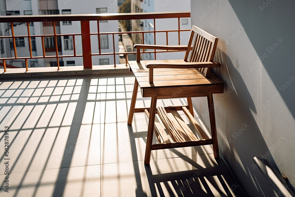 wooden chair and table on a balcony. great shadows and lighting, too. Generative AI