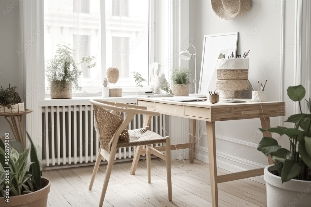 Desk with business necessities in an airy Scandinavian design. A businessmans location of employmen