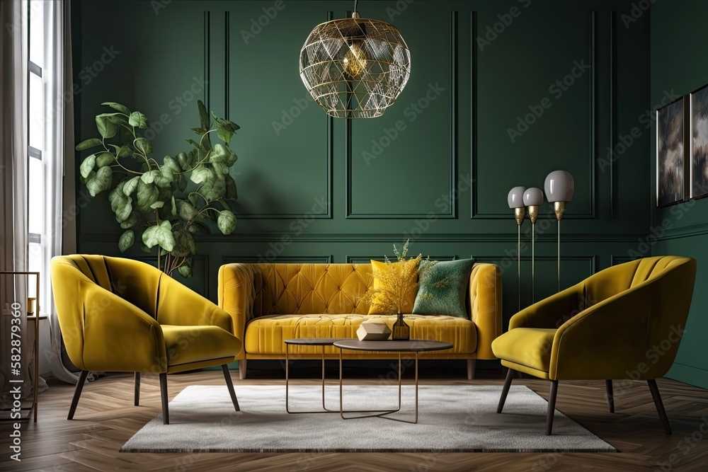 Olive green and mustard yellow are two current color trends for living rooms. A sizable living area 