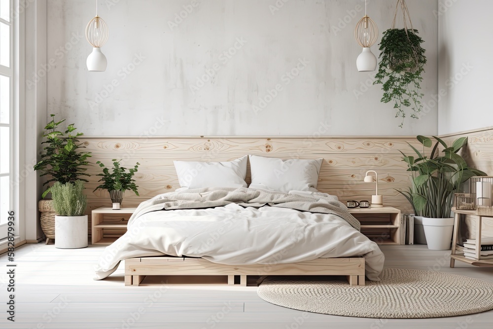 Interior design, cool bedroom wall mockup, contemporary bed, decorative plants, and sunlight. Genera