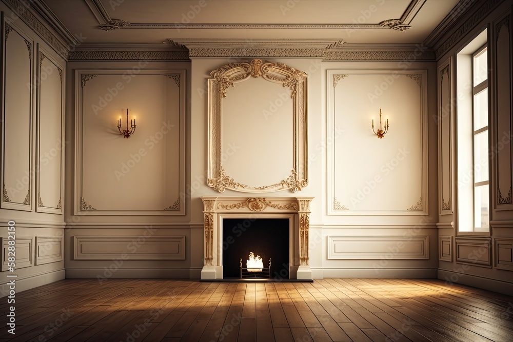 A traditional empty beige interior with a fireplace, curtain, window, wall panels, and a wide photog