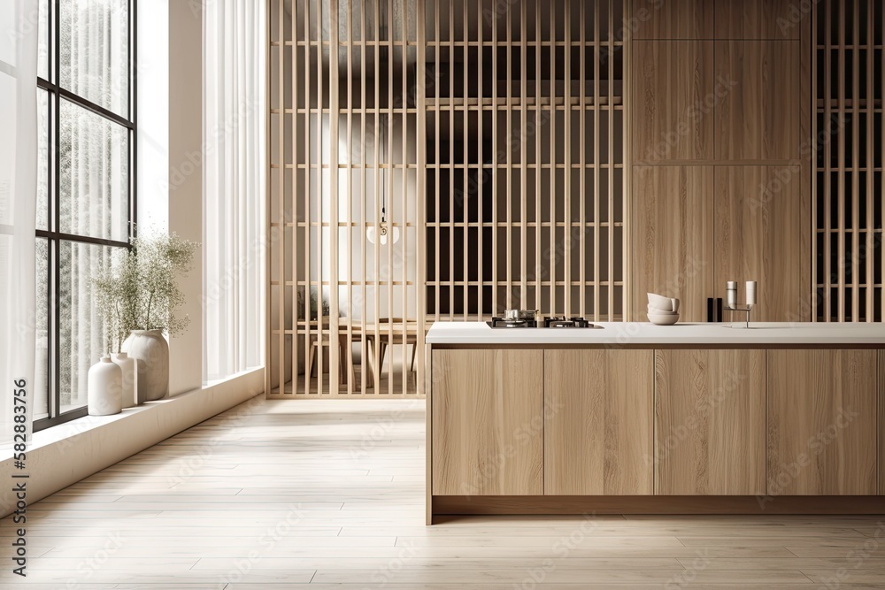 Close up of a wooden panel, modern kitchen with a large window, and parquet flooring. Zen inspired m